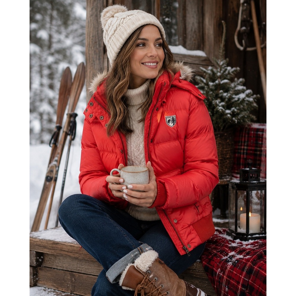 American Eagle Red Down Puffer Jacket Large Faux Fur Hood AE East 77 Patch Ski